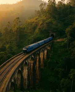 Blue hill-country train crossing Nine Arches Bridge near Ella, Sri Lanka